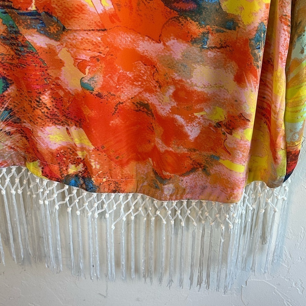 Gianni Bini Vibrant Multicolor Avant Garde Kimono Cover Up with Fringe Sz XL - Picture 9 of 12